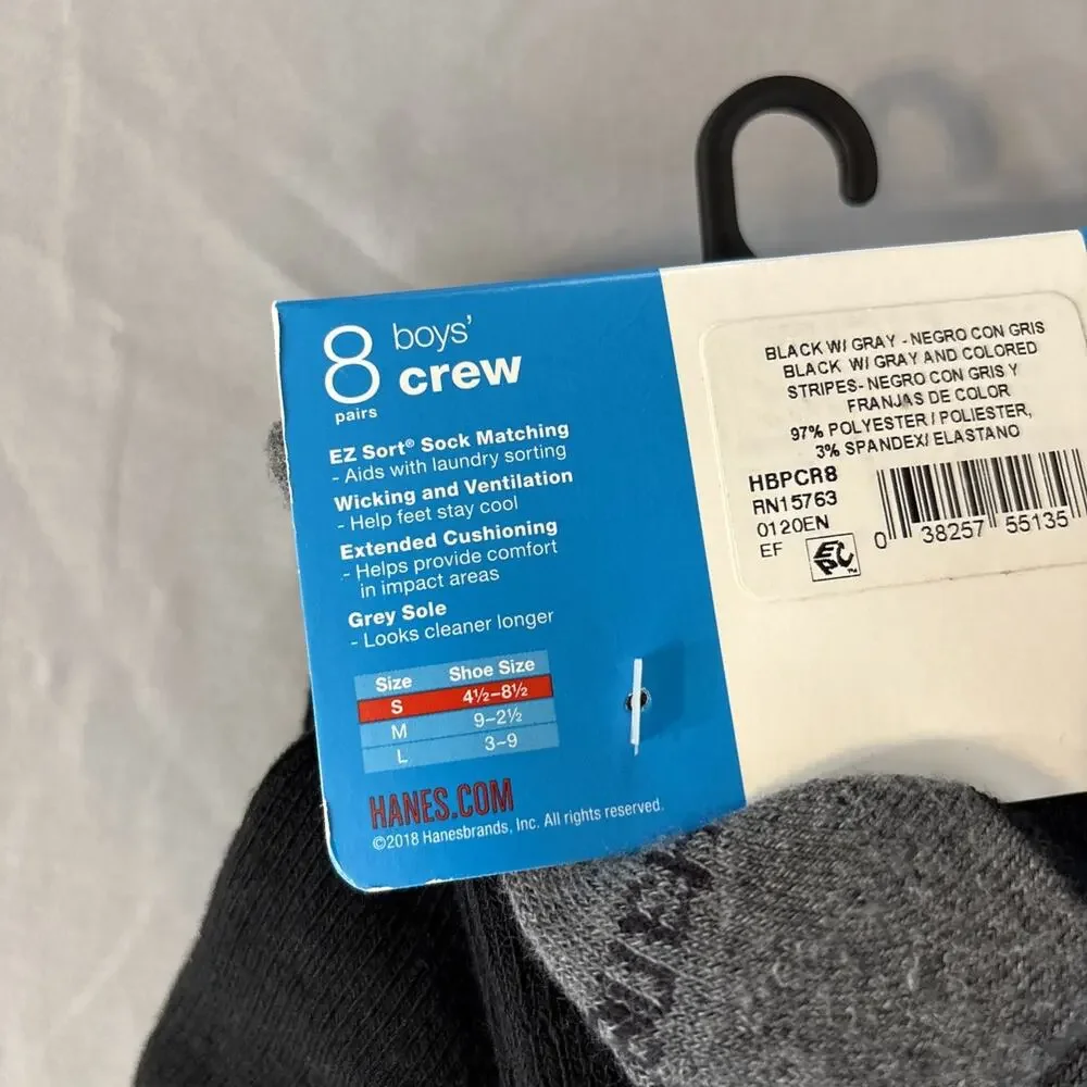 Hanes Boys 8 Pairs Premium Crew Athletic Socks Wicking, Size S 4.5- 8.5
